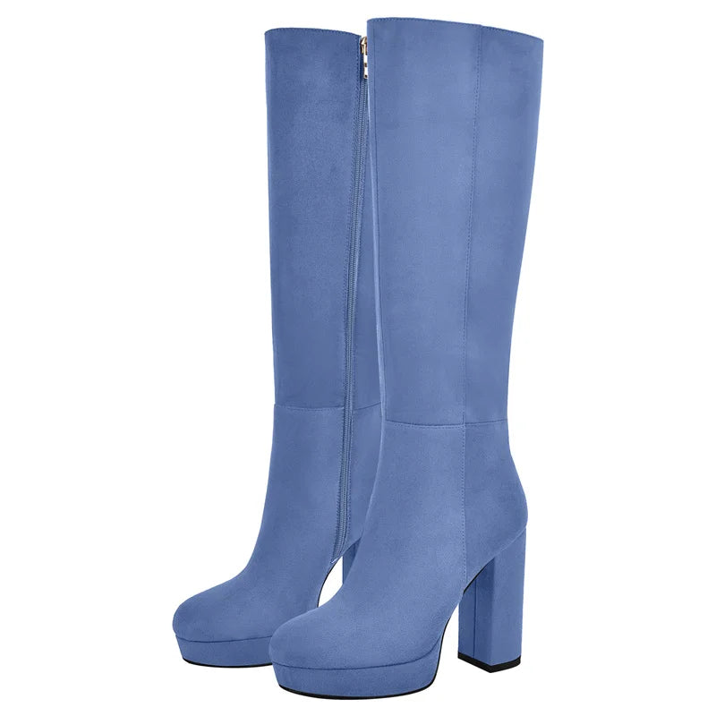 Onlymaker Women Round Toe Platform Knee High Boots Chunky Heel Boots With Side Zipper Concise Tall Modern Boots