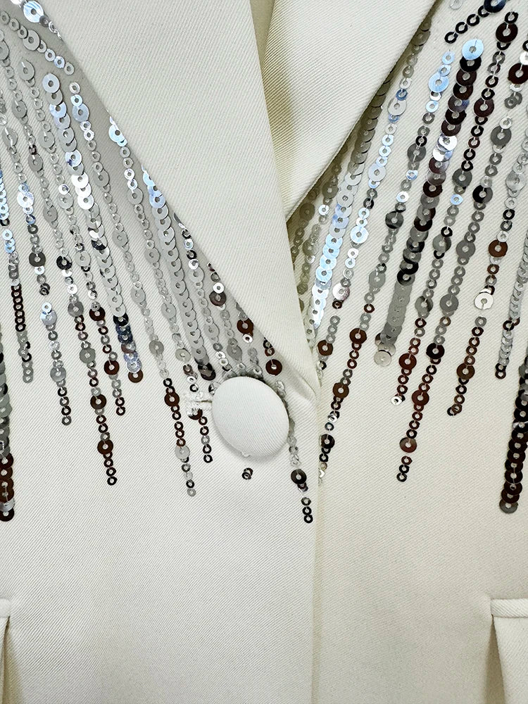 STREET Newest Fashion 2026 Designer Suit Set Women's Sequined Beading Single Button Blazer Flare Pants Set 2pcs