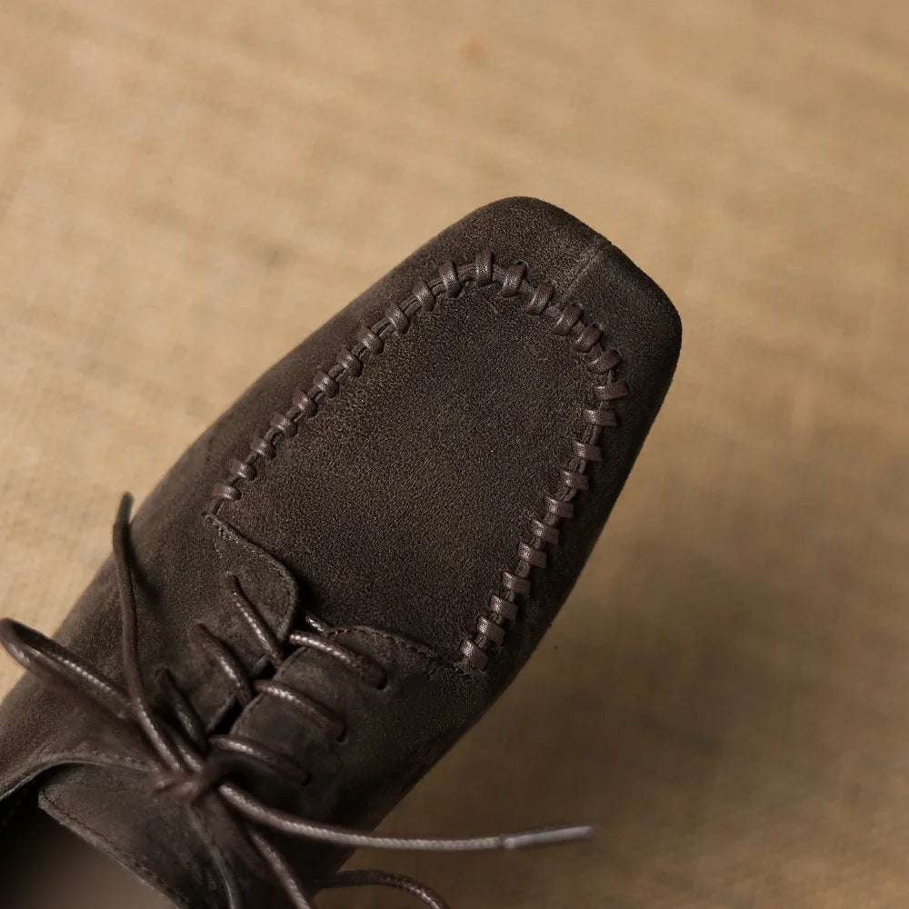 Women's natural suede leather square toe lace-up flats oxfords high quality soft comfortable casual female 34-40