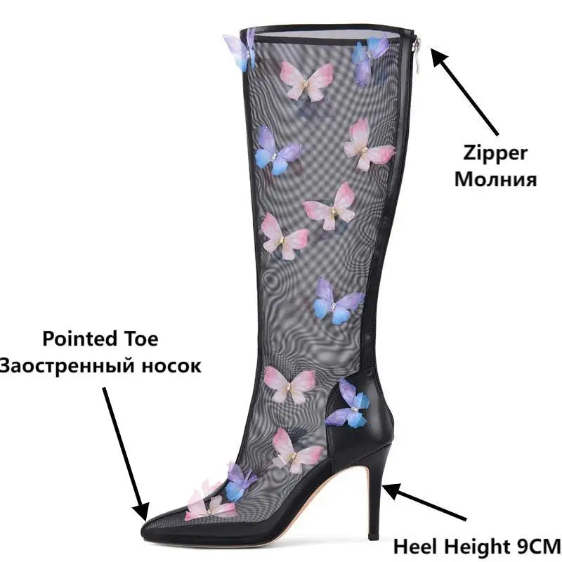 Onlymaker Women  Pointed Toe Butterfly Air Mesh  The Knee High Boots Zipper Sexy Sweet Thin High Heel Wedding Boots