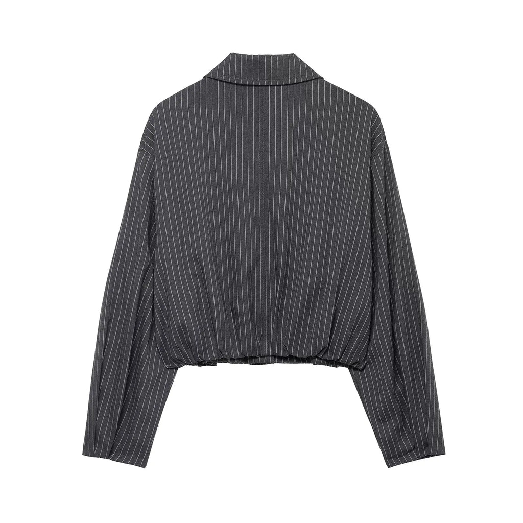 Women Striped Cropped Bomber Jacket Turn-down Collar Spring Summer Short Coat Outerwear