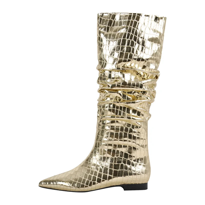 Onlymaker Women Gold Pointed Toe  Pleated Flat Knee High Boots  Block Heel Pull-On Metallic Fashion Warm Winter Boots