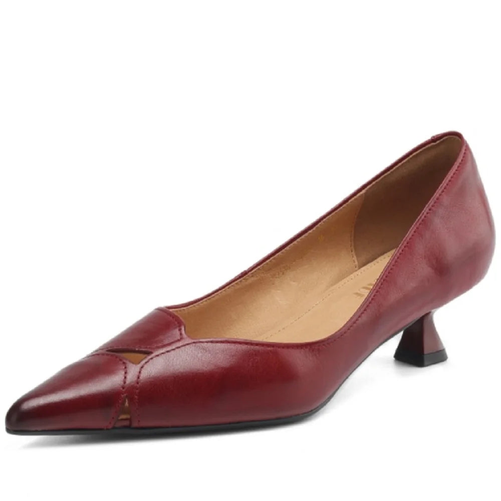Handmade Genuine Leather Mid Heels Women Pointed Shallow Mouthed Single Shoes Attendant Formal Work Shoes 33-40