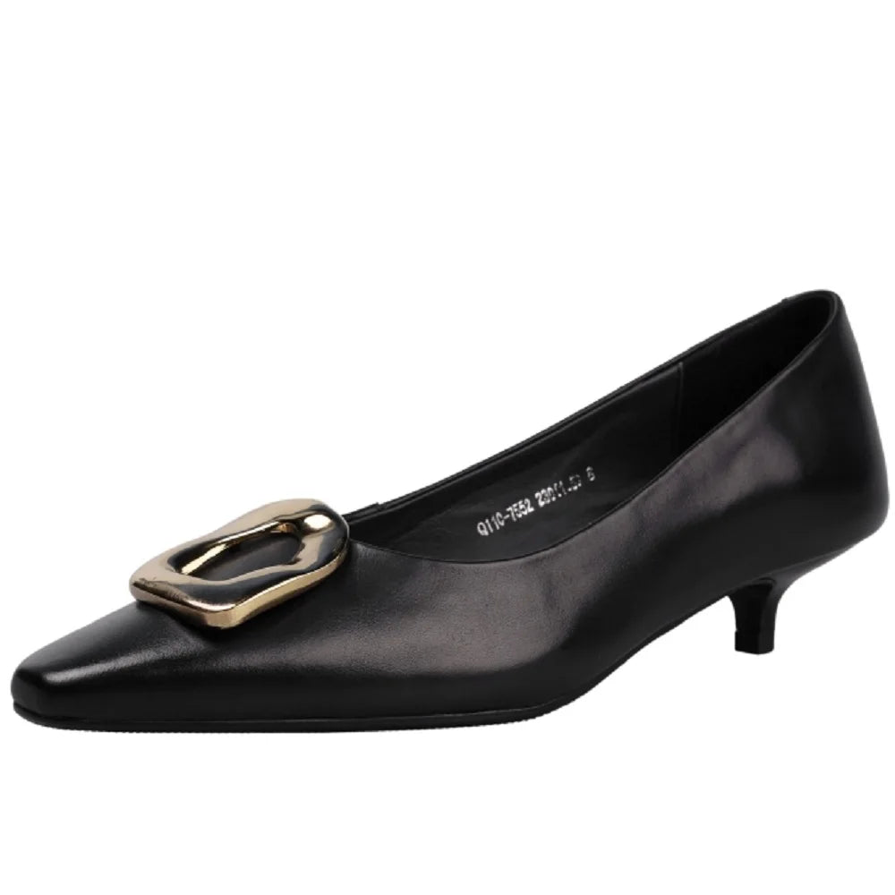 Handmade Genuine Leather Mid Heels Woman's Luxury High-End Elegant Design Commuting Female Color Button Design