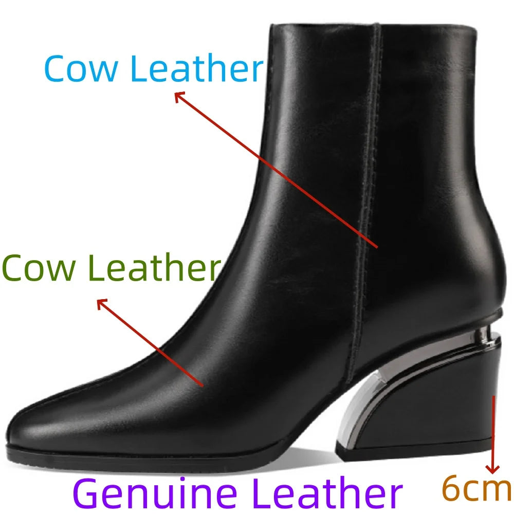 Newest High Heels Women Short Boots Elegant Square Toe Office Lady Shoes Genuine Leather Side Zipper Shoes 33-43