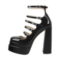 Women Buckle Strap Platform Pumps Black Patent Leather Cross-tied Square Toe Fashion Party Thick High Summer Heels