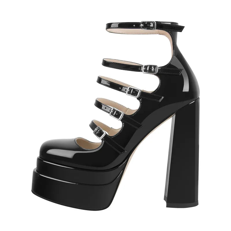 Women Buckle Strap Platform Pumps Black Patent Leather Cross-tied Square Toe Fashion Party Thick High Summer Heels