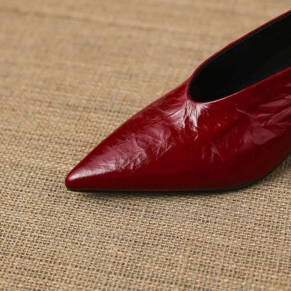 Sexy Handmade Genuine Leather New Designer Vintage Evening Shoes Ladies Pointed Toe V Cut Woman Shoes Mid Heel