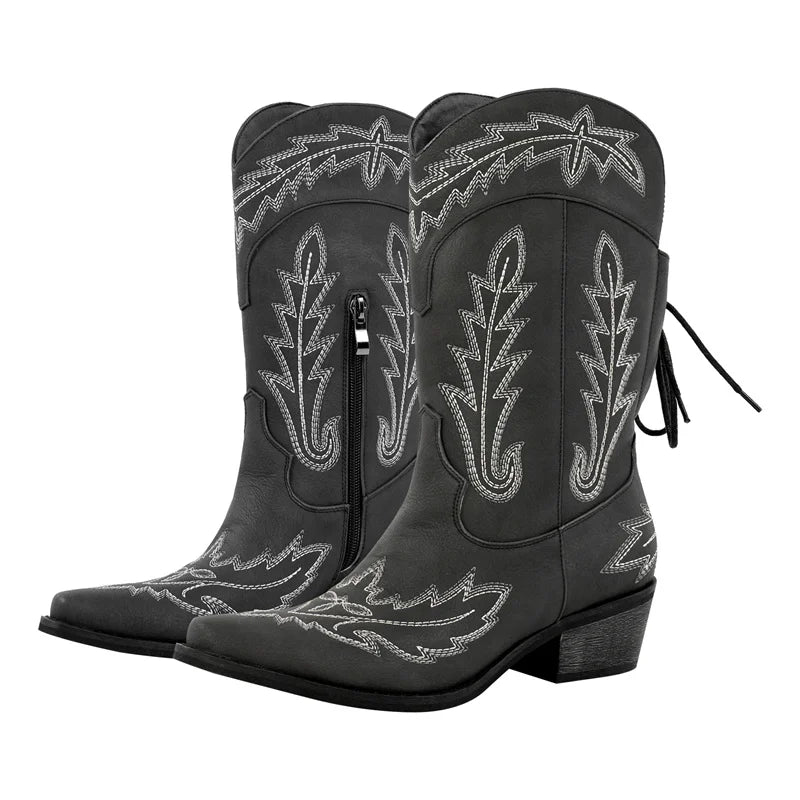 Women Pointed Toe Black Embroidery Western Boots Tapered Heel Round Up  Mid-Calf Western Cowgirl Boots