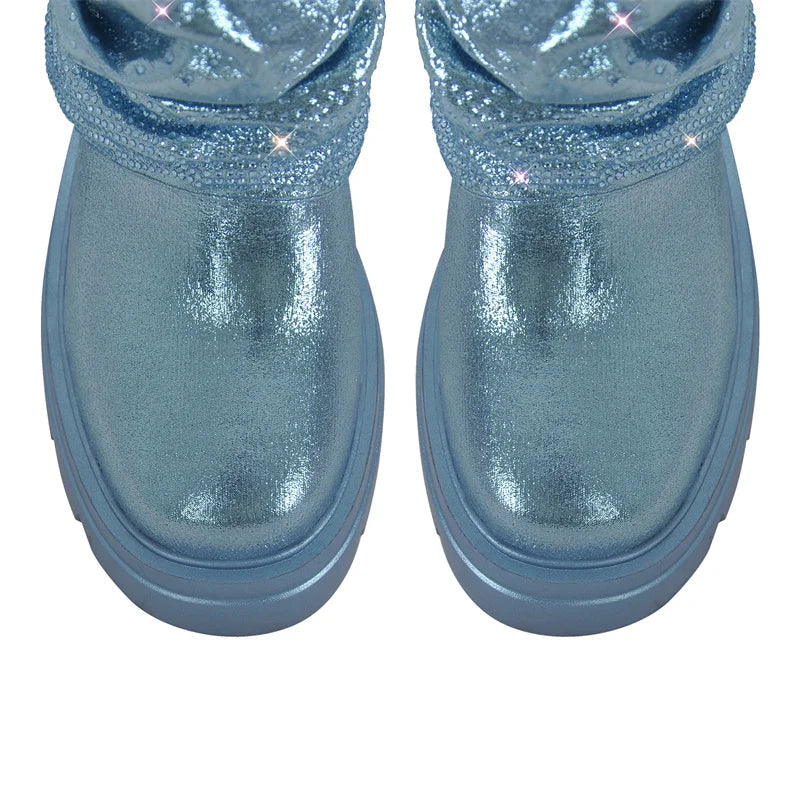 Women Blue Fold Over Rhinestone Trim Boots Round Toe Side Zipper Female  Mid-Calf Boots