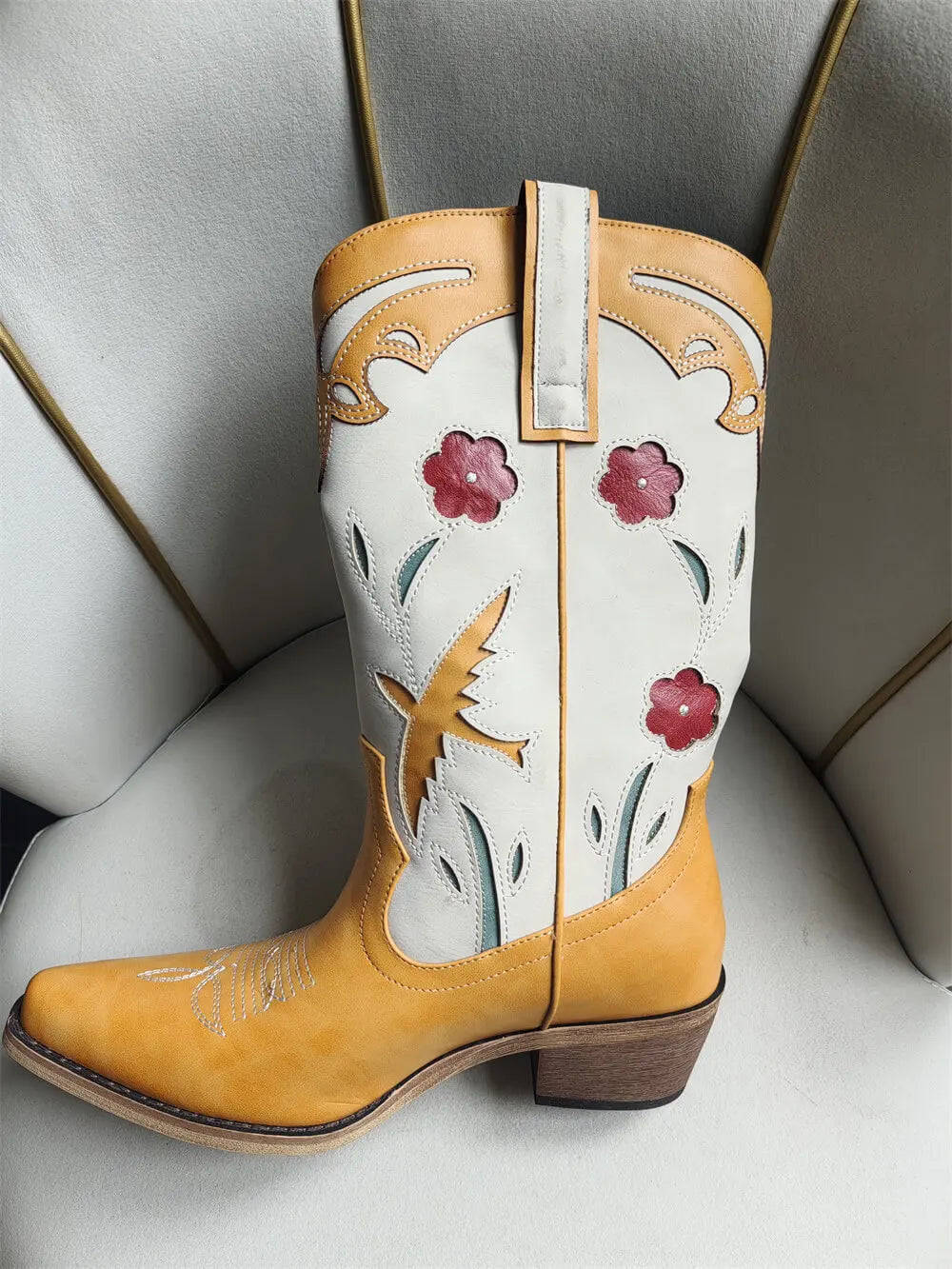 Onlymaker Women Pointed Toe Flower Pull-on Knee High Cowgirl Boots Comfy  Wide Calf Chunky Heel Retro Classic Western Boots