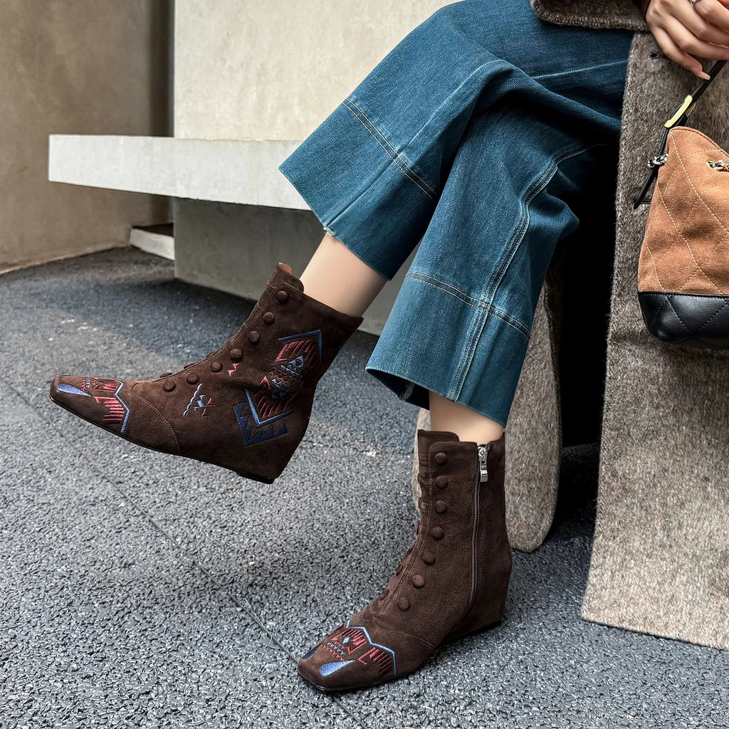 Handmade Genuine Leather Embroidered Boots Tube Low Heel Women Footwear Winter Season Square Toe Slope Heel 33-40