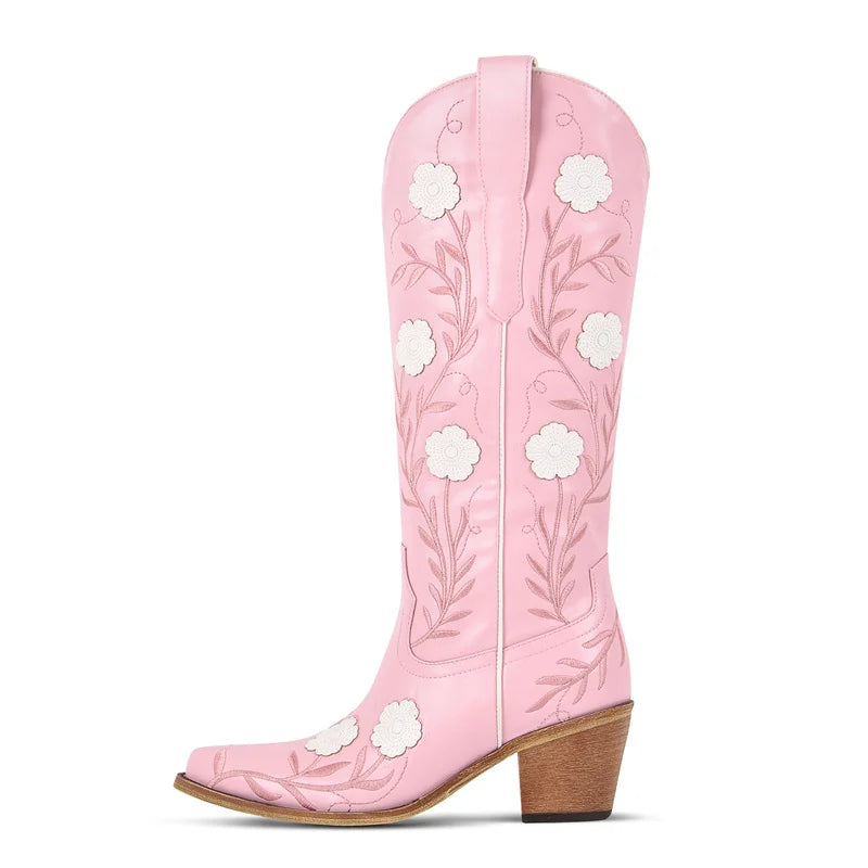 Onlymaker Women Pointed Toe Side Zipper Embroidery Flower Western Cowgirl Boots Chunky Heel Embroidery Cowboy Boots