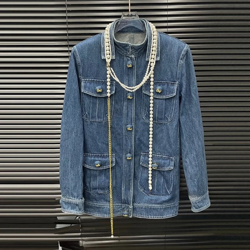 2026 Jeans Jacket  Autumn Winter Niche Design Multi-Pocket Single-Breasted Versatile Pearl Chain Casual Denim Jacket For Women 11A07235