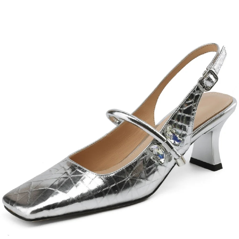 Women Brand High Heel Sandals Genuine Leather Square Toe Buckles Party Wedding Shoes Woman Elegant Pumps 33-43