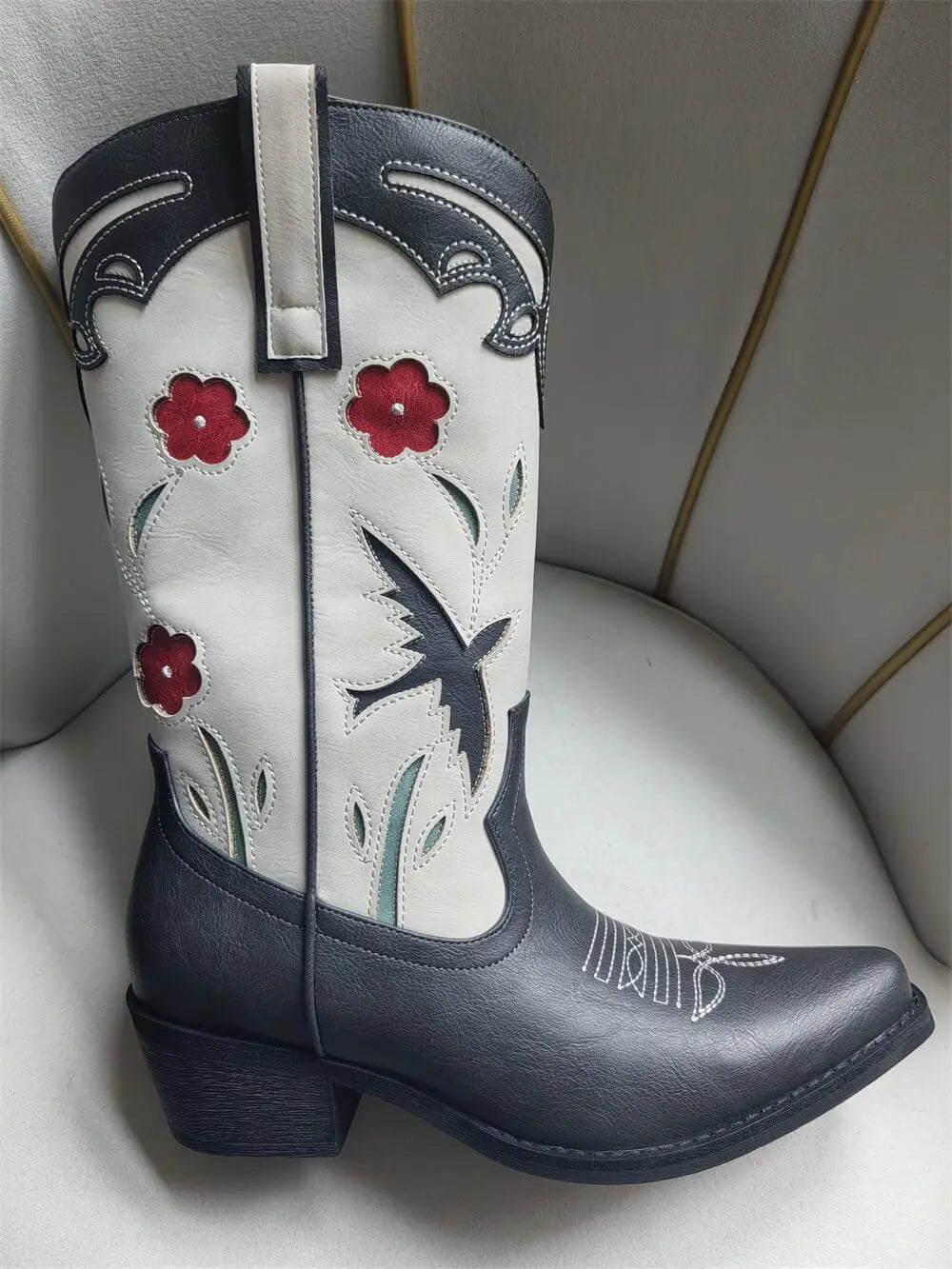 Onlymaker Women Pointed Toe Flower Pull-on Knee High Cowgirl Boots Comfy  Wide Calf Chunky Heel Retro Classic Western Boots