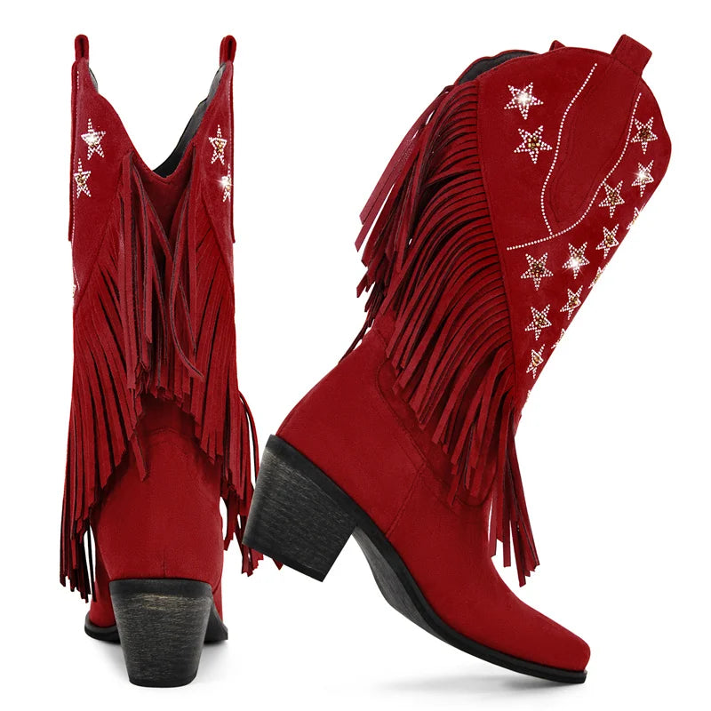 Onlymaker Women Pointed Toe Pull-on Knee High Fringe Cowgirl Boots Comfy Big Size Pull On Rhinestone Mid Calf Western Boots