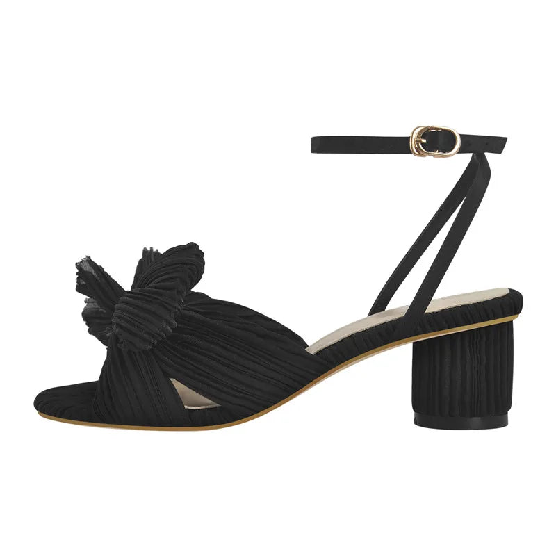 Women Peep Toe Black Pleated Bowknot Mid Chunky Heel 6cm Summer Sandals