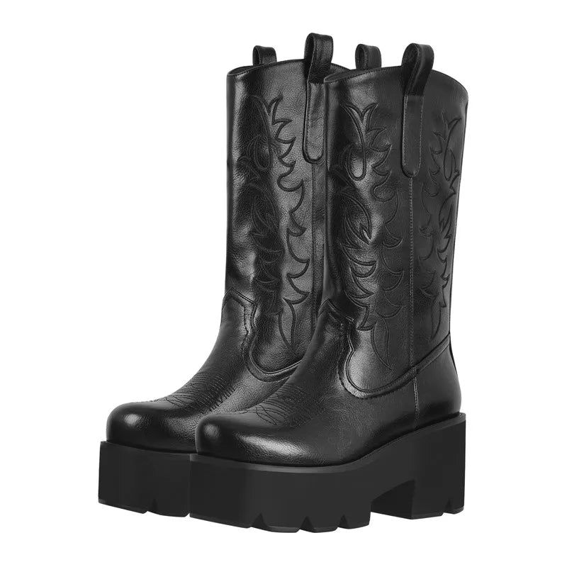 Women Platform  Mid Calf Boots Black Chunky High Heels  Big Size Lady Short Booties