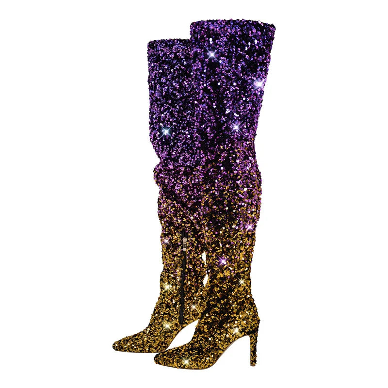 Onlymaker Women Glittery Over The Knee Boots Gradient Color Sequins Pointed Toe Stiletto Female Boots