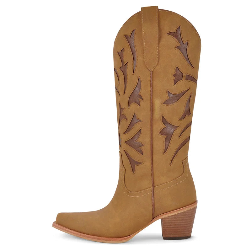 Onlymaker Women Pointed Toe  Mid Calf Cowboy Boots Chunky Block Heel Classic Pull On Cowgirl Western Boots