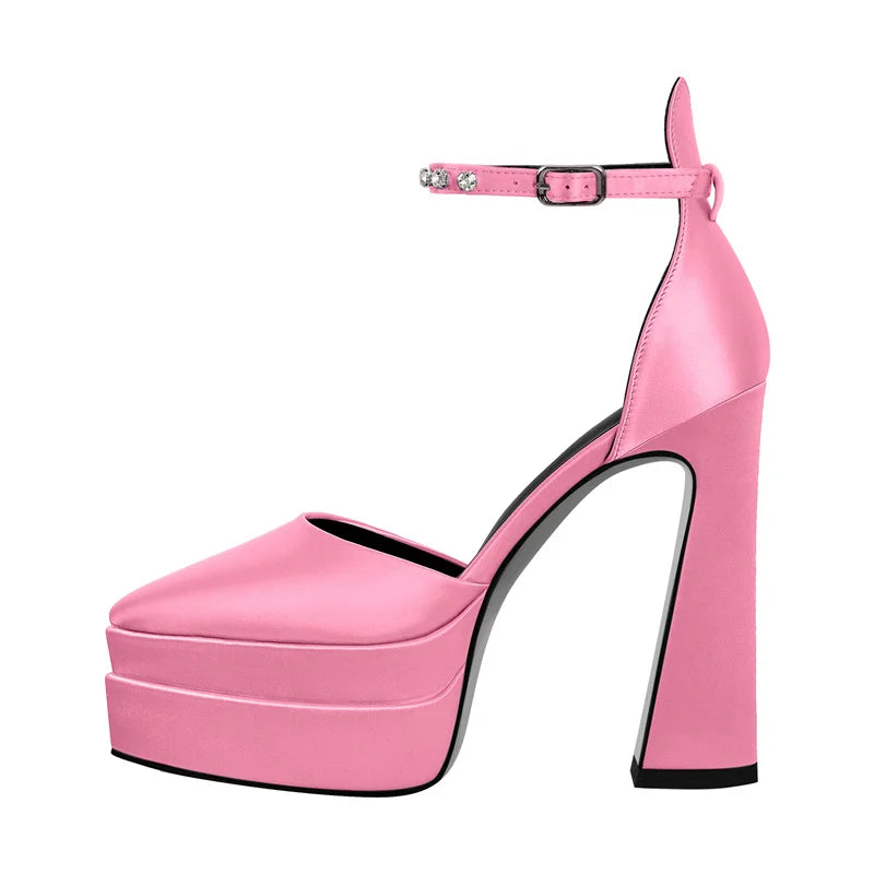 Women Platform Pumps Mary-Jane  Black Pink Chunky High Heels Ankle Strap Dress Party Hoof Heel Big Size Heels