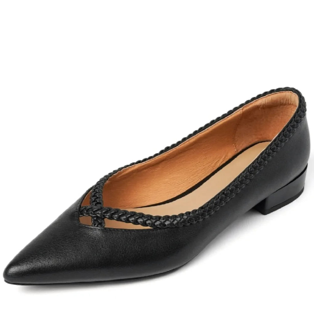 Women Handmade Cowhide Pointed Toe Low Heels Designs Shallow Loafers for Women Ladies Shoes 34-40