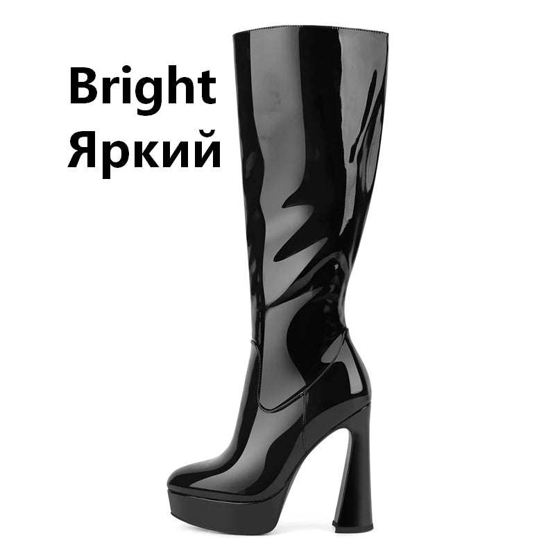 Onlymaker Black Platform Knee High Boots with Thin Heel Side Zipper Boots