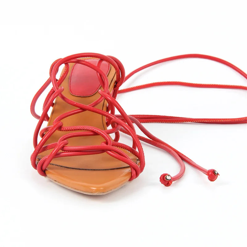 Women Pointed Toe Gladiator Kitten Heel Lace Up Strappy Sandals High Heel Party Heels