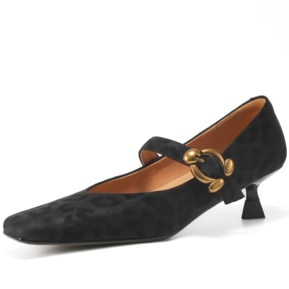 new women's leopard Handmade sheepskin 4cm thick med heel elegant ladies OL style daily dress heeled shoes 34-40
