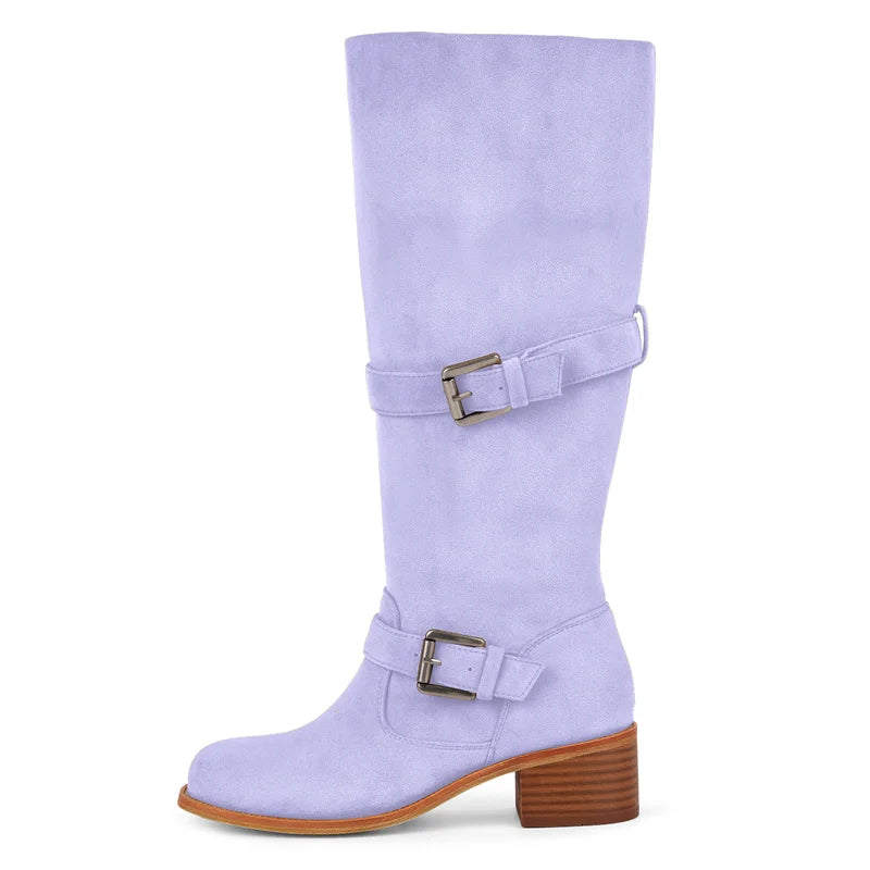 Onlymaker Women Round Toe Knee High Boots Low Heel  Fashion Pull on Wide Calf  Boots