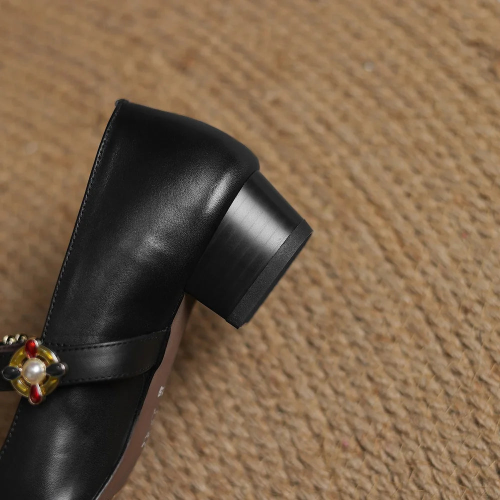Handmade Genuine Leather round Toe Camellia Mary Jane Shoes Women's Retro Low Heel Single Shoes Comfortable