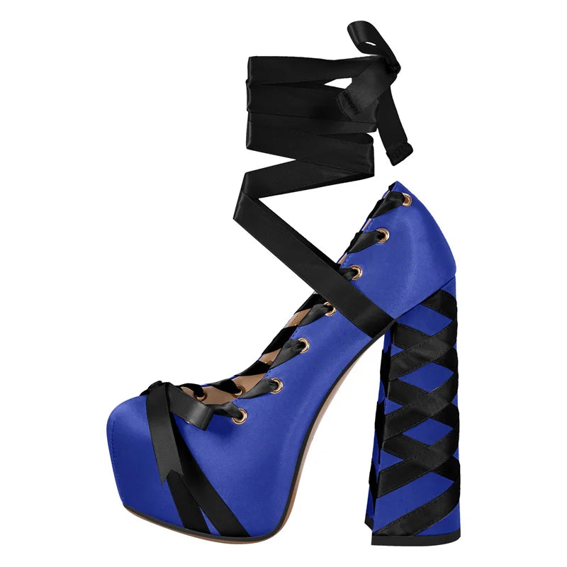 Womens Round Toe  Platform Pumps Bow Cute Lolita Two-Toned Ballet Lace-up Hoof Chunky Heel Shoes