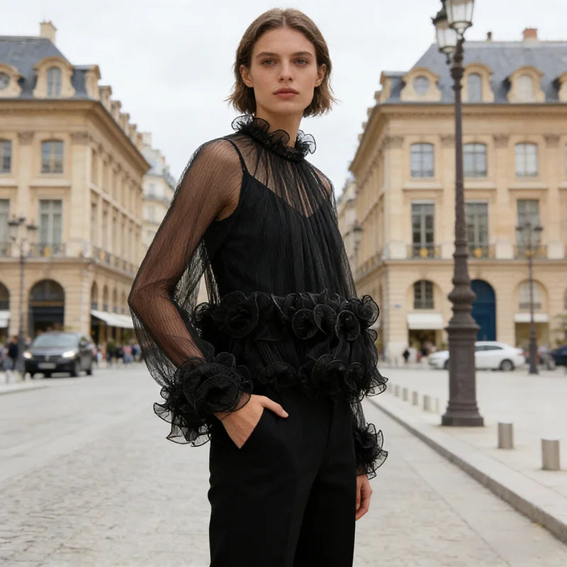 2026 Early Spring New French Style Elegant Ruched Lace Inner Camisole Chiffon Blouse For Women Versatile Shirt 1A2228