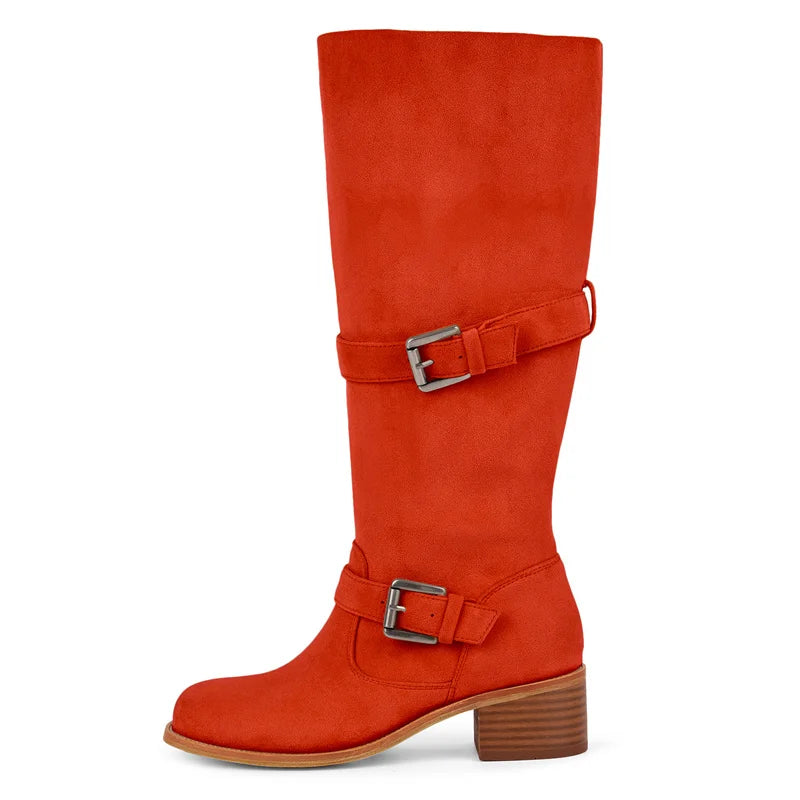 Onlymaker Women Round Toe Knee High Boots Low Heel  Fashion Pull on Wide Calf  Boots