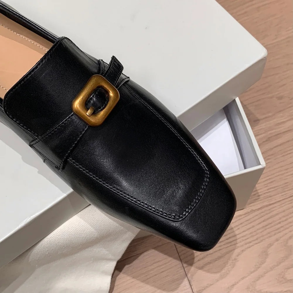 Women Cow Leather Waxing Square Toe Metal Buckle Strap Mid Hells Business Suit Ladies Shoes Handmade 34-40