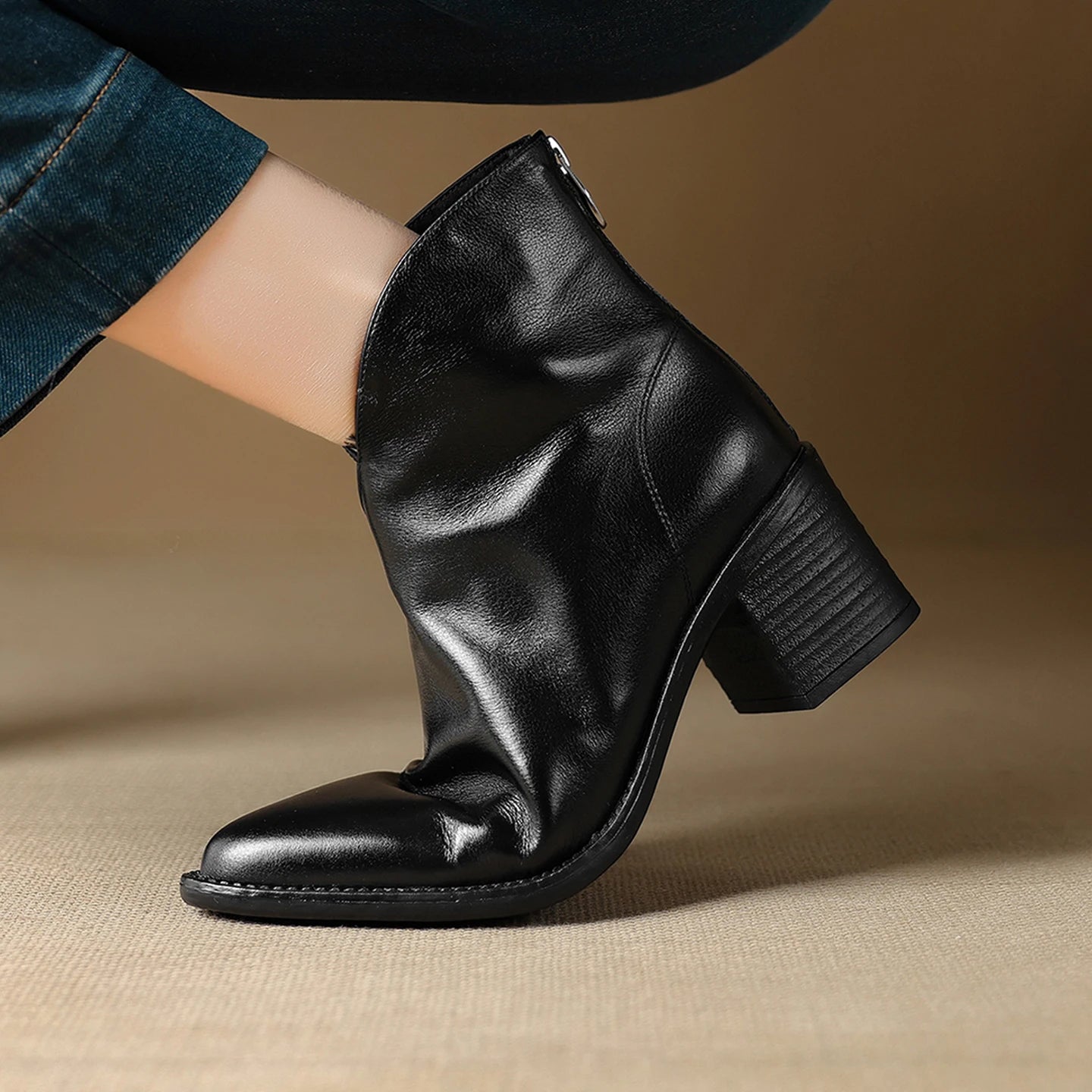 Women Handmade Genuine Leather Pointed Toe Chunky Heel Shoes Casual Zip Ankle Boots Western Boots 34-40