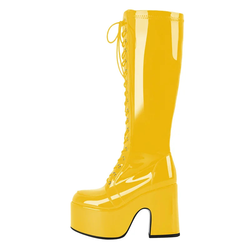 Onlymaker Women Black Round Toe Platform Knee High Boots Side Zipper Fashion Chunky Heel Mid-Calf Boot Punk Boots