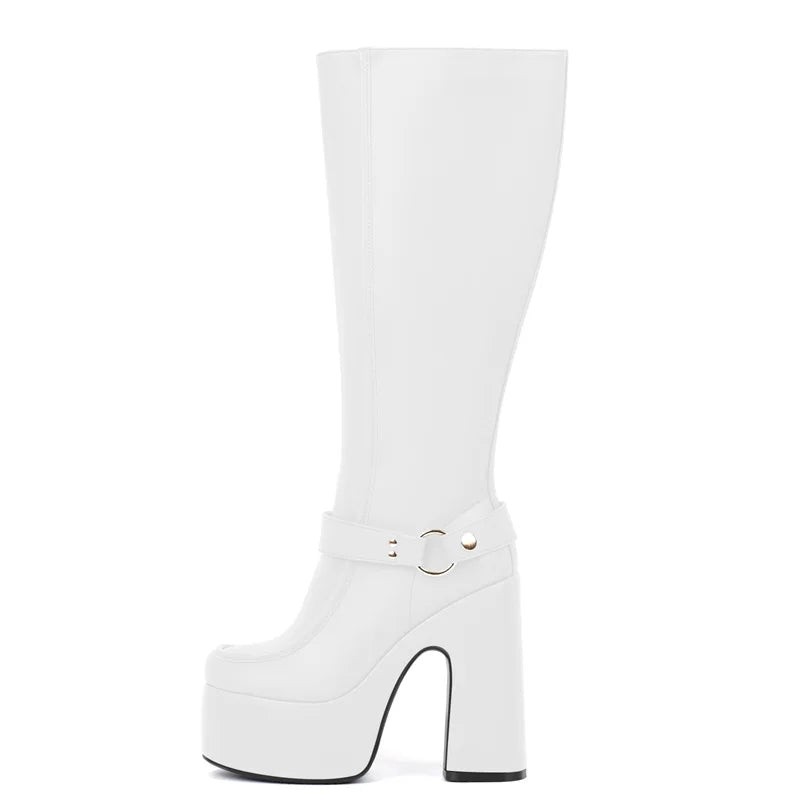 Onlymaker Women Round Toe Platform Knee High Boots Side Zipper Fashion Chunky Block Heel Mid-Calf Boot Punk Long Boots