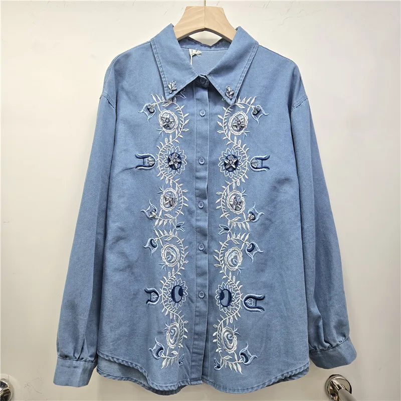 2026 Spring Fashion New Beading Embroidery Denim Shirt For Women Long Sleeve Loose Casual Blouse Female Trendy 11A08739