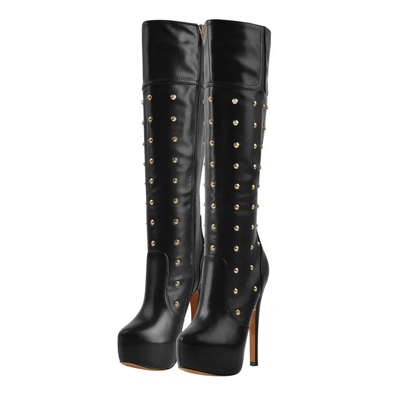 Onlymaker Women Platform Boots  Round Toe Stiletto Zipper Knee High High Heel Rivet Handmade Fashion Boots