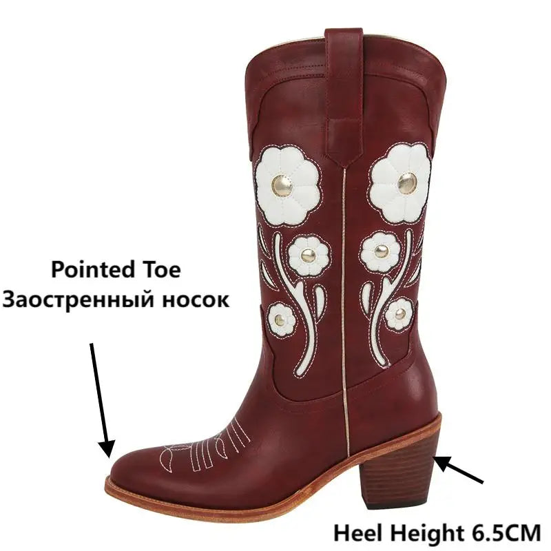 Onlymaker Women Pointed Toe Mid-Calf Boots  Western Flower Cowgirl Boots Comfy Pull-ON Big Size Cowboy Boots