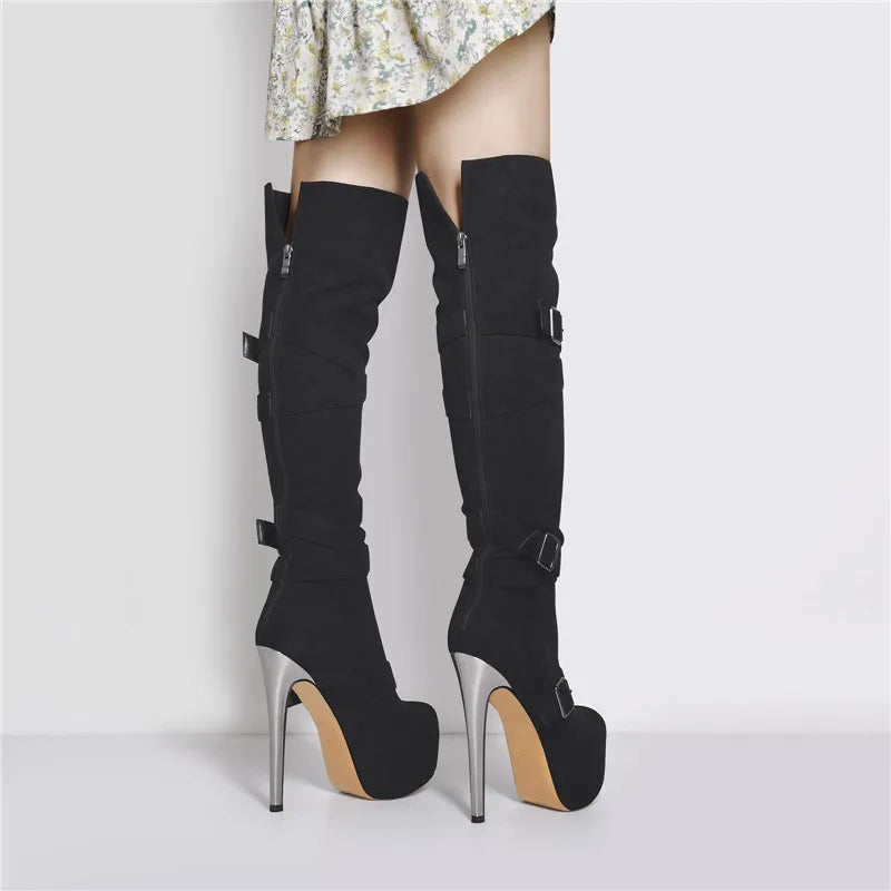 Onlymaker Women Black Platform Over The Knee  Boots 16CM High Heel Stiletto Buckle High  Back Zipper  Plus Size Boots