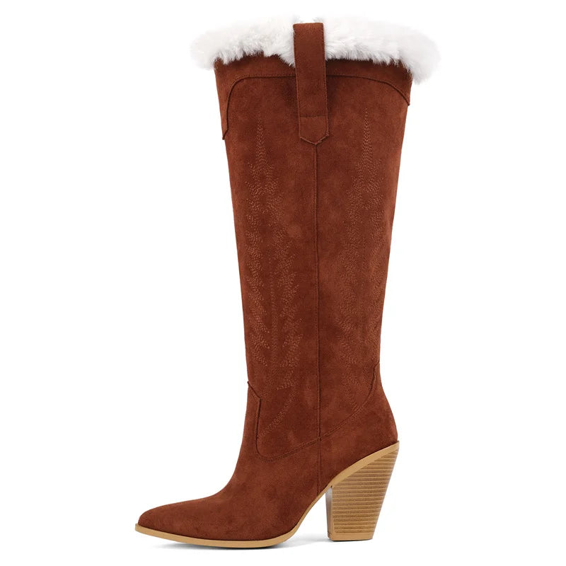 Onlymaker Women Pointed Toe Side Zipper  Retro Western Cowgirl Boots Fringed Chunky Heel Faux Fur Fashion Cowboy Boots