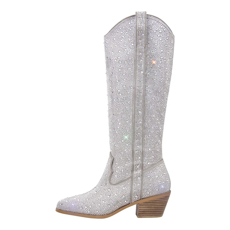Onlymaker Women Rhinestone Boots Silver Knee High Western Cowgirl Boots Glitter Bling Shiny Pointed Toe Block Heel Lady Booties