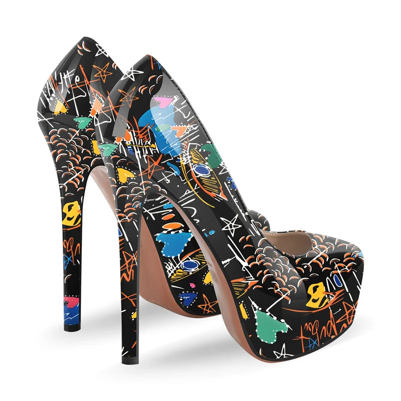 Women Platform Graffiti  Stiletto Heels 16cm Extremely High Pumps Large Sizes Plus Size 46 Shoes