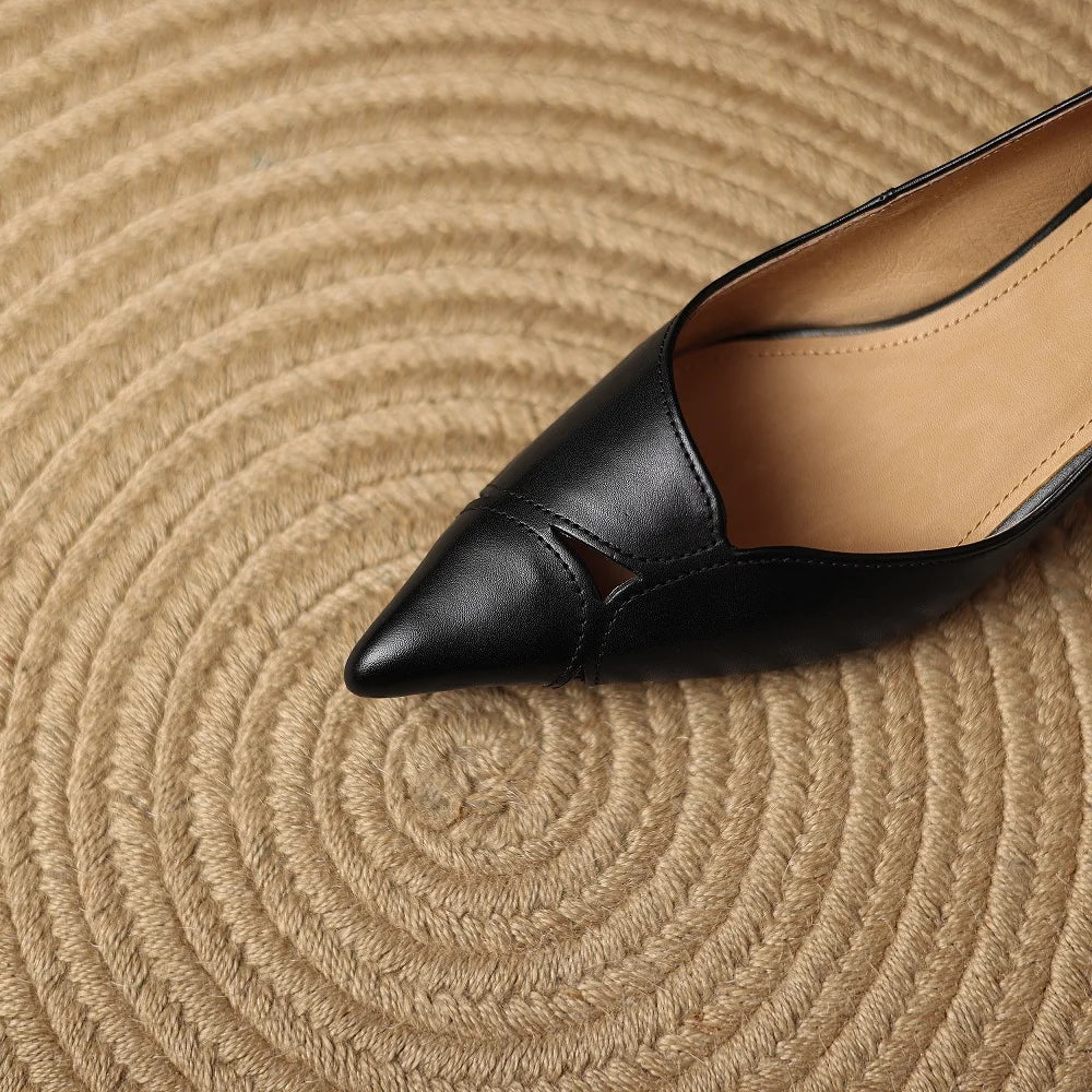 Handmade Genuine Leather Mid Heels Women Pointed Shallow Mouthed Single Shoes Attendant Formal Work Shoes 33-40