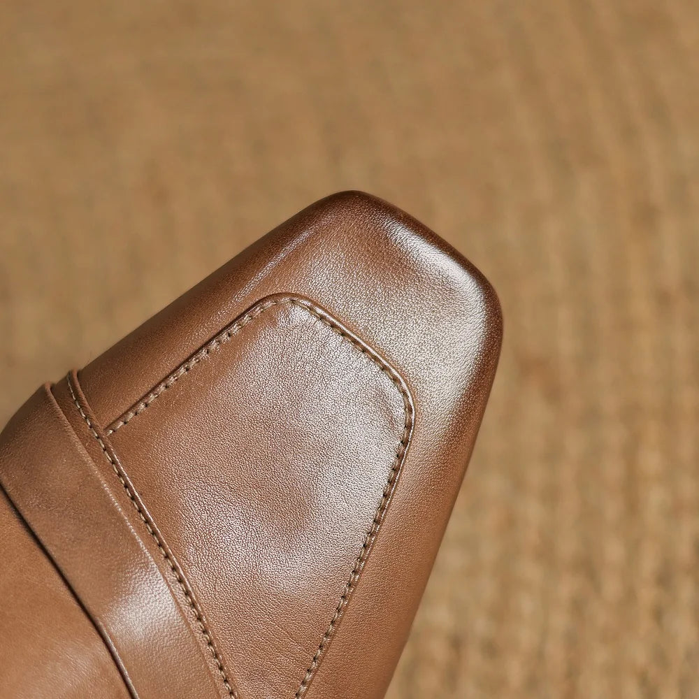 women Handmade Genuine Leather thick med heel Square toe elegant ladies style daily slim dress shoes 34-41