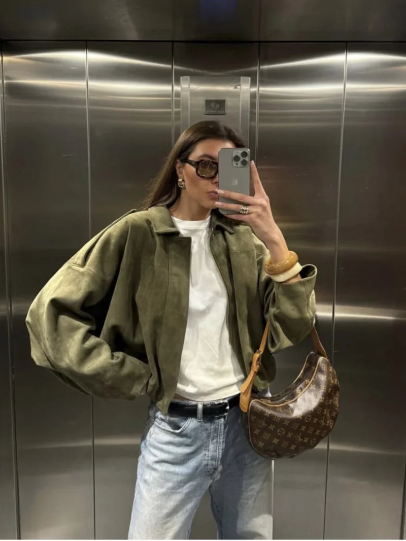 2025  Spring new women's suede texture effect Loose version of fashion lapel shoulder bomber jacket