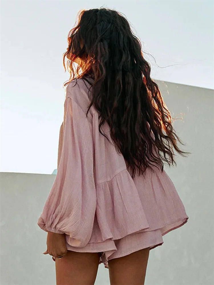 Casual Loose Female 2 Piece-Set Shorts Ruffled Lapel Shirts Top And High Waist Shorts Sets Summer Beach Holiday Outfits